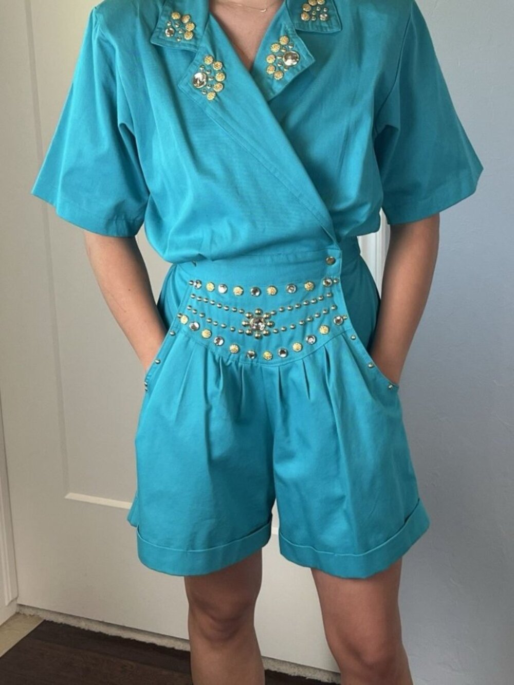 CACHE Turquoise Studded Romper Vintage 80s Glam Embellished Shorts Maximalist S
